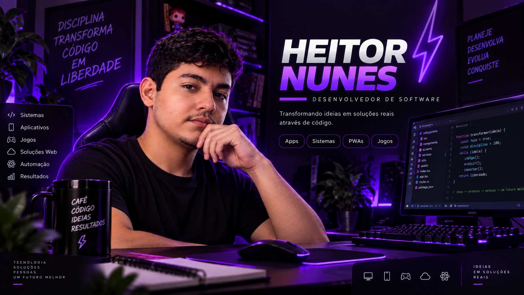 Heitor Nunes em um ambiente de desenvolvimento com iluminação roxa