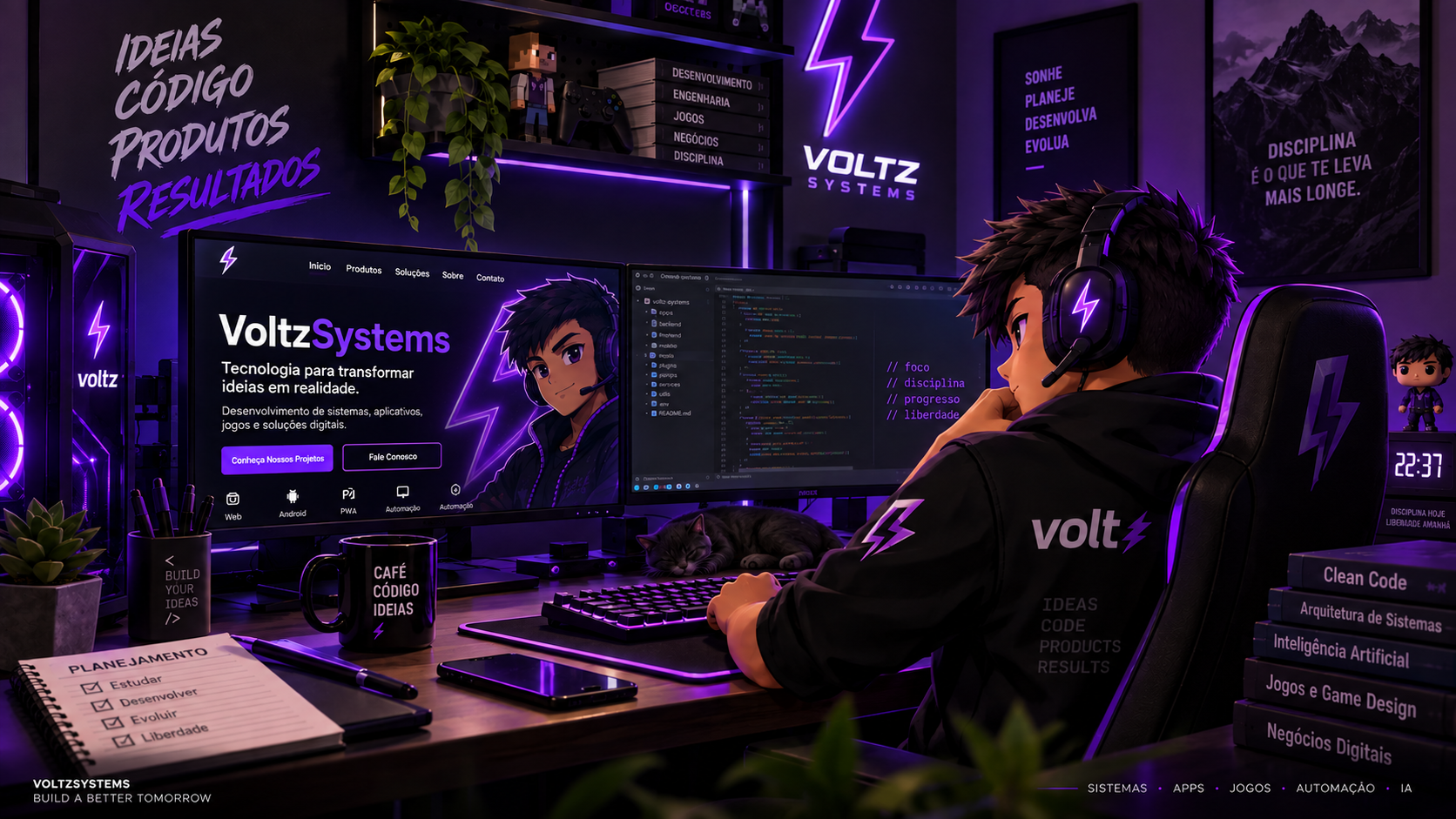 Ilustração do ambiente criativo da VoltzSystems, com estações de desenvolvimento e iluminação roxa